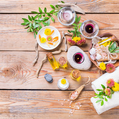 Autumn fall spa wellness setting concept, wooden background