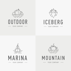 Set of vector mountain and outdoor adventures logo. Tourism, hiking and camping labels. Mountains and travel icons for tourism organizations, outdoor events and camping leisure. Iceberg, shep.