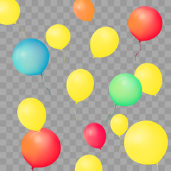 Set of party balloons on transparent background. Different colored realistic balloons vector illustration.
