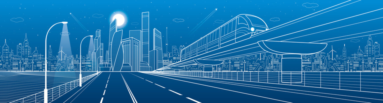 City infrastructure transport panorama. Monorail railway. Train move over flyover. Modern night city. Airplane fly. Towers and skyscrapers. White lines on blue background, vector design art