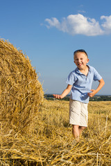 Naklejka na ściany i meble The boy is playing a straw field