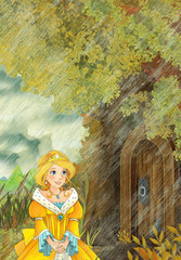 Cartoon fairy tale scene with a young girl princess going to the tree house during rain - illustration for children
