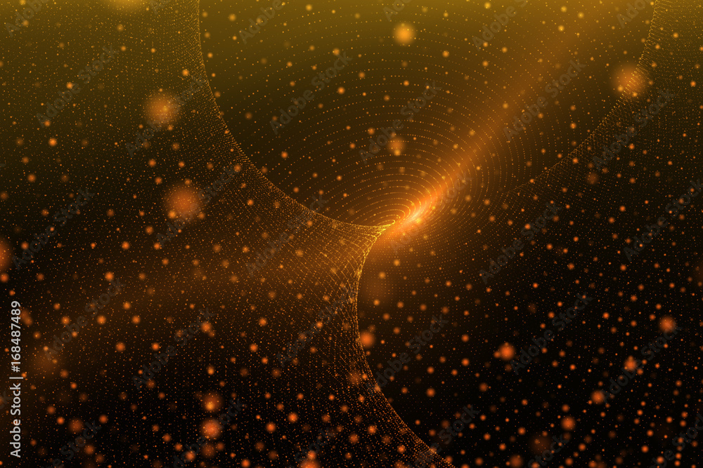 Poster glowing shiny dots. twist gold particles.curve geometric shape .bokeh dot blue. technology network m