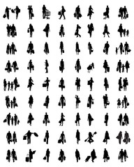 Black silhouettes of people in the shopping on a white background