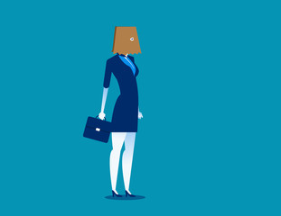 Businesswoman hidden identity paper bag head. Concept business vector illustration. Character flat.