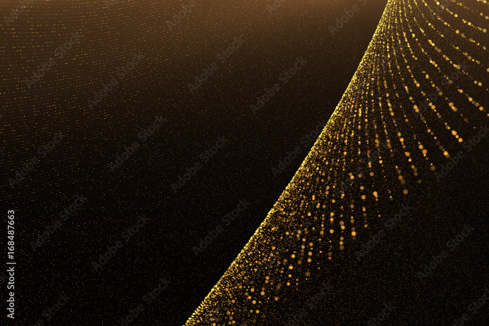 Poster glowing shiny dots. twist gold particles.curve geometric shape .bokeh dot blue. technology network m