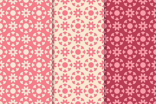 Set of red cherry floral seamless patterns