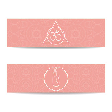 Yoga banner template. Set of horizontal pink flyers with chakra and mandala symbols. Design for yoga banner, studio, spa, classes, poster, magazine, invitation, gift certificate and presentation.