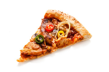 Piece of pepperoni pizza with chicken and vegetables