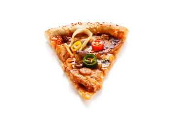 Piece of pepperoni pizza with chicken and vegetables