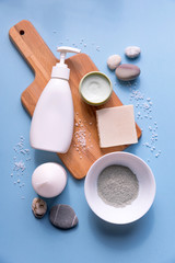 Beauty spa relax salon day flatlay with clay, sea salt, cream, soap