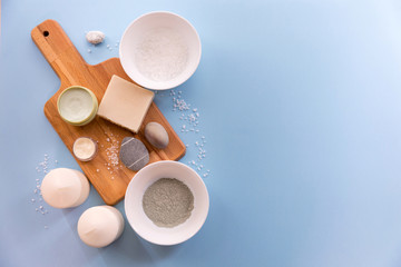 Handmade cosmetic. Beauty spa relax salon day flatlay with clay, sea salt, cream, soap