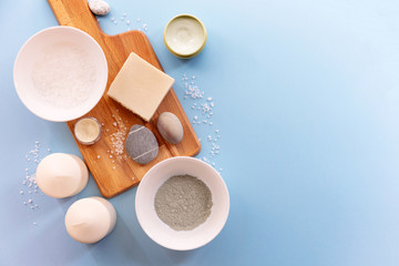 Handmade cosmetic. Beauty spa relax salon day flatlay with clay, sea salt, cream, soap