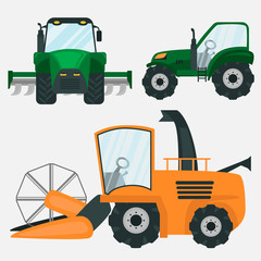 Agriculture machinery color flat icons set for web and mobile design