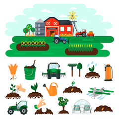 Agriculture color flat icons set. Farm color illustration for web and mobile design