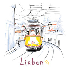 Vector Scenic city view of Famous vintage yellow 28 tram on street of Alfama, the oldest district of the Old Town, Lisbon, Portugal. - obrazy, fototapety, plakaty