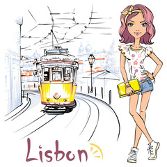 Vector cute girl in t-shirt and shorts and famous vintage yellow 28 tram on street of Alfama, the oldest district of the Old Town, Lisbon, Portugal.