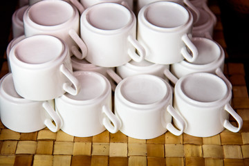 Stacked coffee cups preparation by the catering. The catering of hot beverages.