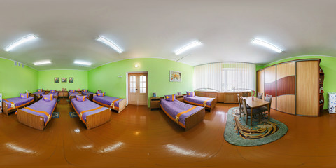 Full spherical 360 by 180 degrees seamless panorama in equirectangular equidistant projection, panorama in interior child bedroom in kindergarten manger, VR content
