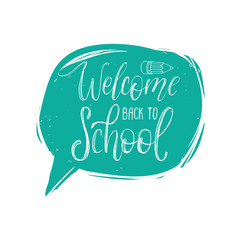 Vector vintage Back To School hand lettering in speech bubble. Children education background.