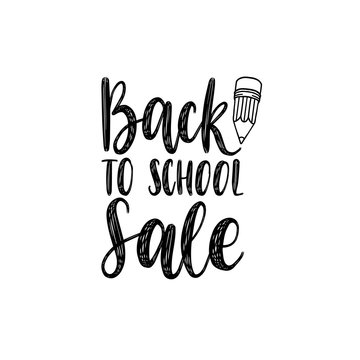 Back To School Sale handwritten illustration with pencil drawing. Vector hand lettering. Children education background.