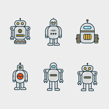 Abstract Cute Robot Minimal Color Flat Line Stroke Icon Pictogram Symbol Illustration Set Collection