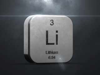 Lithium element from the periodic table. Metallic icon 3D rendered with nice lens flare