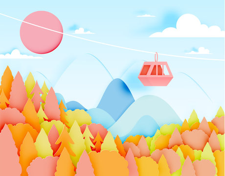 Cable car paper art style with beautiful landscape background