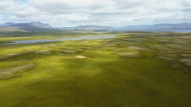 Fly over beautiful lush summer landscape at Iceland