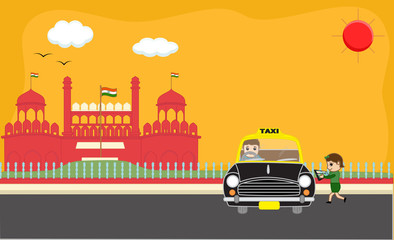 Naklejka premium Girl Holding a Tab Running Toward Taxi Cartoon Concept
