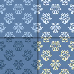 Blue set of floral ornaments. Seamless patterns