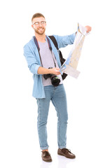 Young man holding at map on white background. Young man holding a map on a white background. A tourist on vacations. Looking for sights. Adventures seeker.