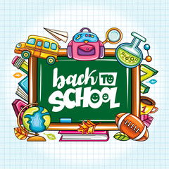 Vector education design with cartoon elements. Green blackboard, backpack, magnifier, pencils, football, back to school lettering and globe. Seasonal sale banners for teachers classroom and students