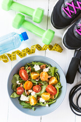 Food for weight loss and a healthy lifestyle. Flat view