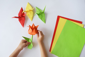 Children's hands do origami from colored paper on white background. lesson of origami