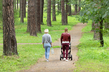 Молодая мама с детской коляской и женщина гуляют в летнем парке