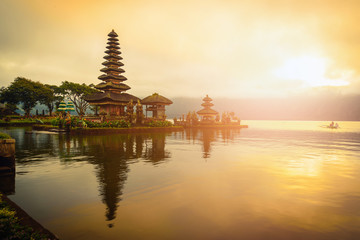 Pura Ulun Danu Bratan, Hindu temple on Bratan lake landscape at sunrise in Bali, Indonesia. © nuttawutnuy