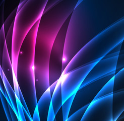 Energy lines, glowing waves in the dark, vector abstract background