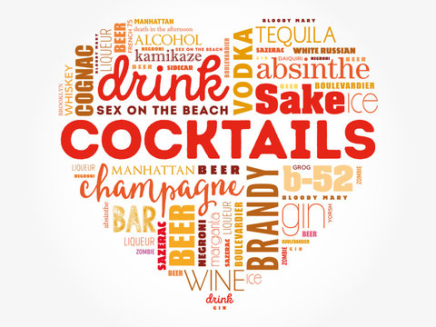 Love heart with Different cocktails and ingredients, word cloud collage, design concept background