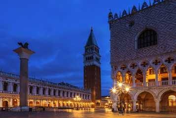 Fototapeta na wymiar Square San Marco (Piazza San Marco) with the Doge's Palace (Palazzo Ducale) and the bell tower by night, Venice, Italy
