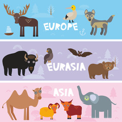 Cute animals set Parrot bison brown bear Camel sheep, cow elephant booby moose wolf bat deer, kids background Europe Asia Eurasia animals, bright colorful banner. Vector