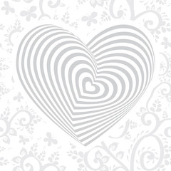 silver gray white heart on floral ornament background. Optical illusion of 3D three-dimensional volume. Vector