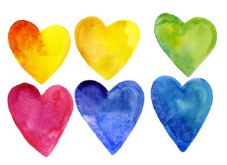 Set of watercolor hearts of different colors.