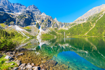 View of Morskie Oko lake with emerald green water in summer season, High Tatra Mountains, Poland