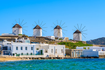 Famous traditional windmills on Mykonos island, Cyclades, Greece - obrazy, fototapety, plakaty