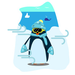 Penguin wearing a winter hat, mittens, scarf and ski goggles
