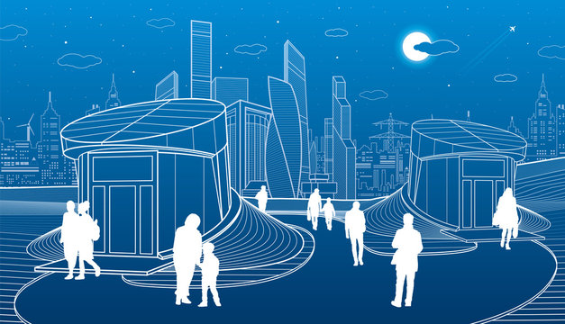 Modern architecture. Entrance to the underpass. Futuristic urban illustration. People walking. Airplane fly. White lines on blue background, vector design art