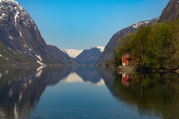 Fototapeta na wymiar Kjøsnesfjorden, the eastern part of lake Jølstravatnet