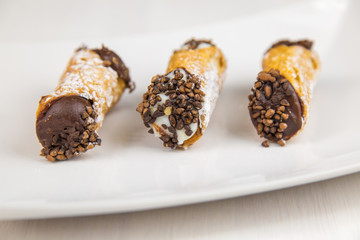 Sicilian pastry on white rectangular dish
