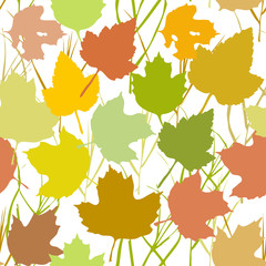 Vector seamless background with autumn maple leaves  for fashion textile or web background. green yellow orange beige silhouette on white background. Vector